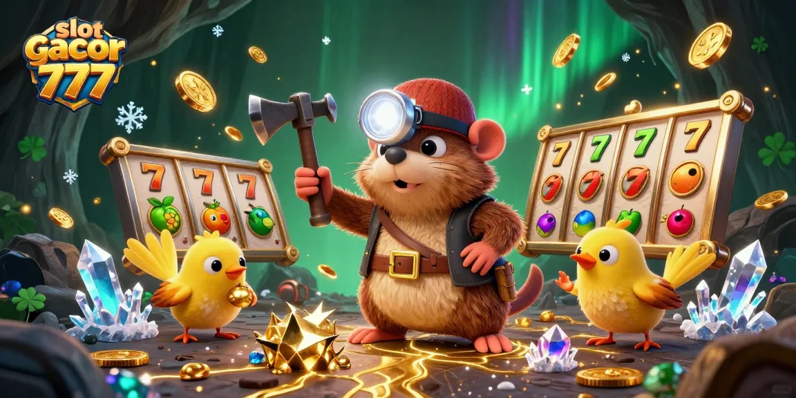 Slot gacor 777 menampilkan mole petualang mencari harta karun dalam suasana kasino penuh slot.