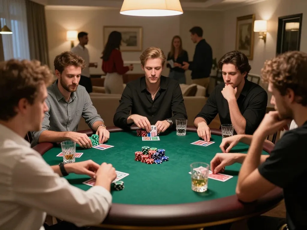 A high-stakes poker game featuring players around a table as they strategize, referencing the hidden wiki