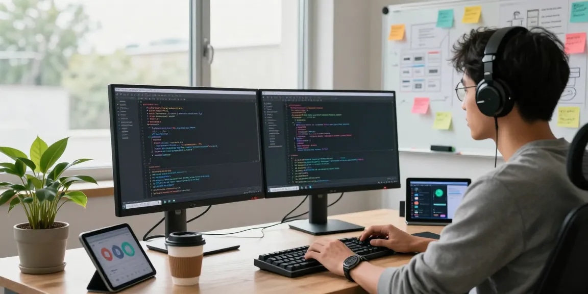 Developer coding the 纸飞机中文版 application in a modern workspace, showcasing creativity and innovation.