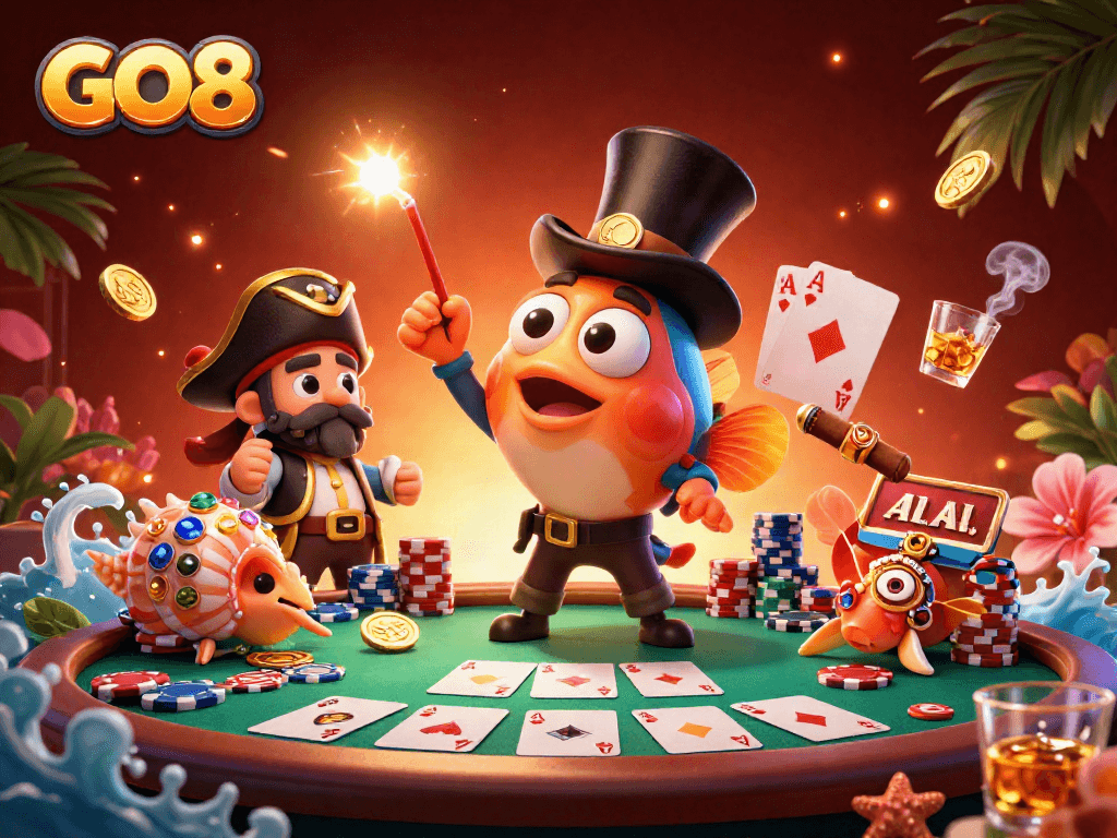 Engage with GO8's vibrant gambling world featuring deep-sea characters and poker elements.
