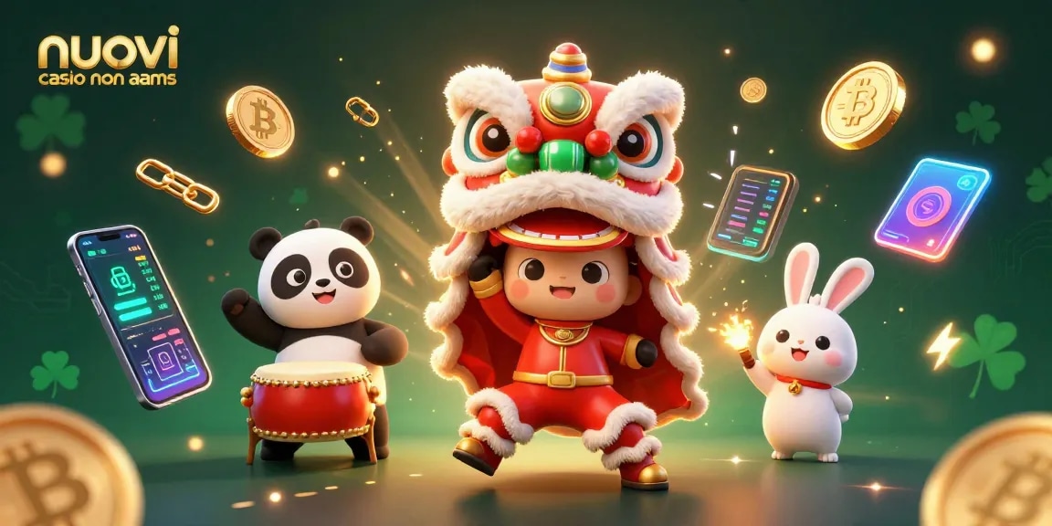 Illustrazione 3D vibrante che mostra personaggi di nuovi casino non aams tra elementi di gioco digitale come monete e blockchain.