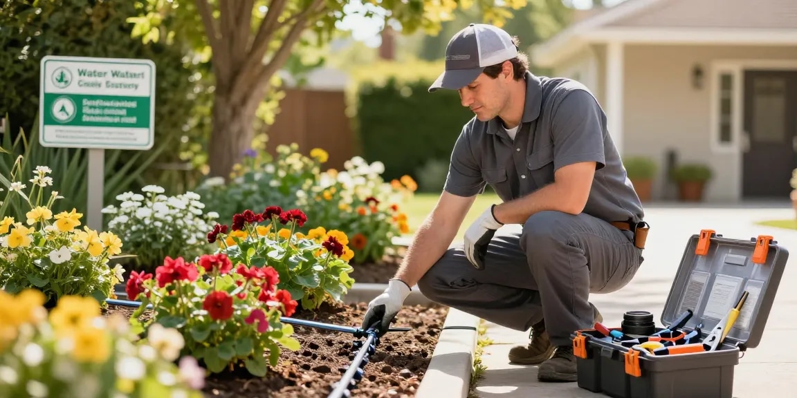 Professional Irrigation Services in Arlington, TX: Technician inspecting a drip irrigation system in a vibrant flowerbed.