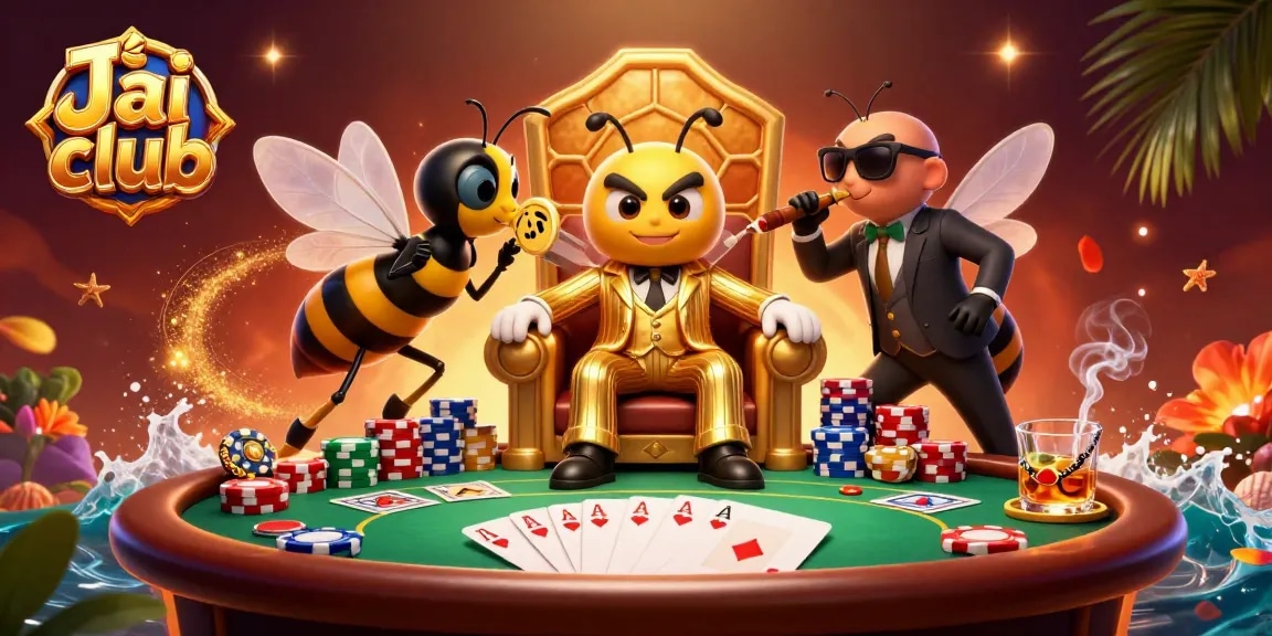 Experience the thrill at Jai club's poker table with vibrant characters and luxurious casino elements.