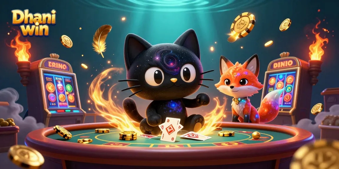 Dhani win offers a thrilling casino experience with a magical black hole cat and nebula fox, showcasing slot games.