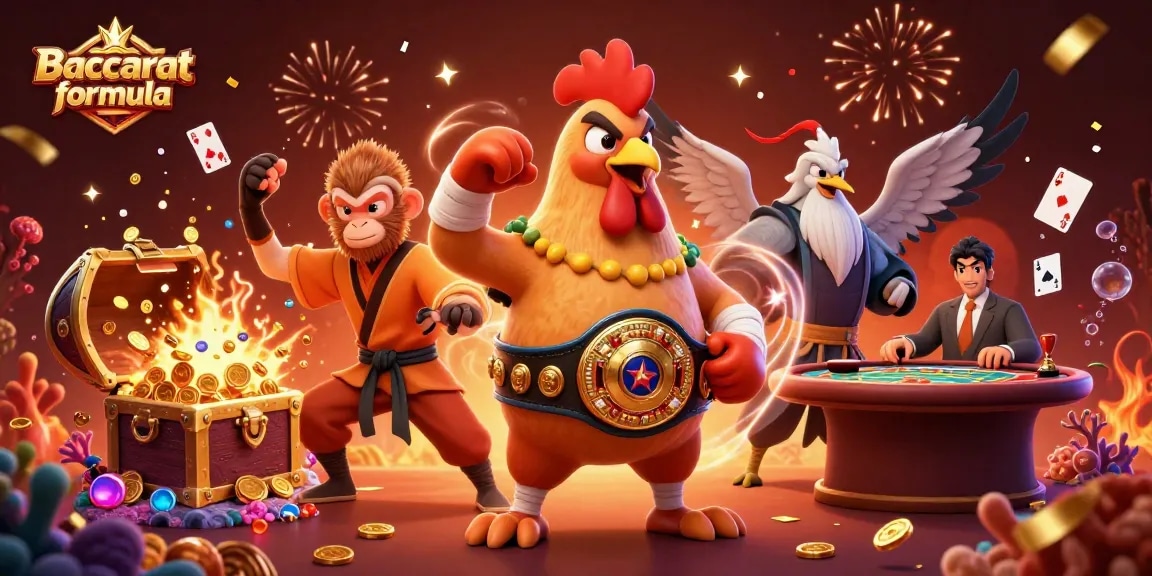 Experience Baccarat formula strategies with dynamic action from iconic characters in a vibrant casino scene.