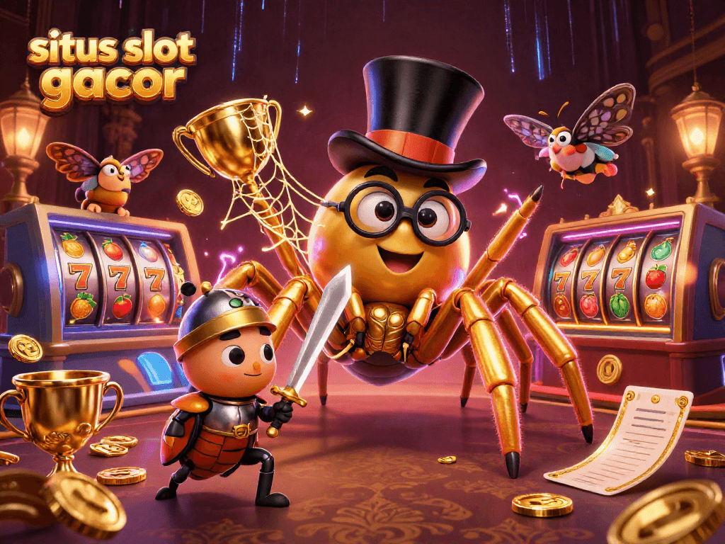 Experience the situs slot gacor excitement with a brave beetle knight amid spinning slot reels and golden treasures.