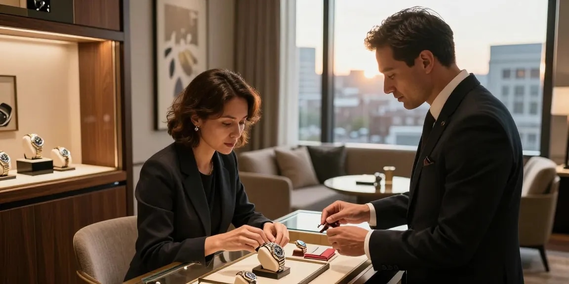 Customer examining a rolex replica in an upscale watch boutique, showcasing elegance and craftsmanship.