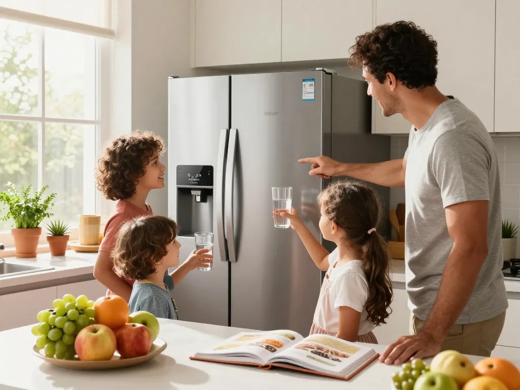 Joyful family using Waterdrop XWF Replacement for GE® XWF Refrigerator, filling glasses with fresh water in a bright kitchen.