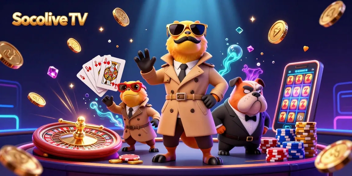 Socolive TV presents animated raptors sneaking into a VIP casino, surrounded by coins and gaming elements.