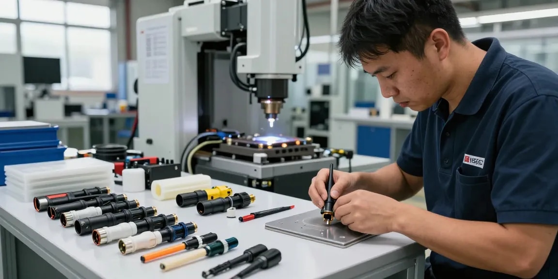 Technician assembling automotive connectors in a modern manufacturing facility.