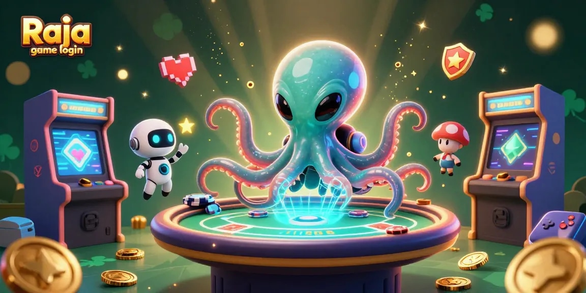 Engage in thrilling games with Raja game login, featuring an alien octopus and vibrant casino elements.