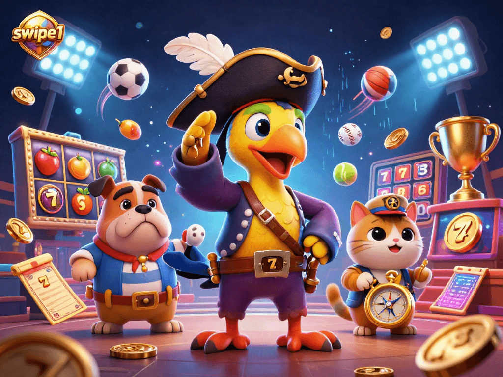 Swipe1 showcases an exciting 3D casino scene with pirates, trophy cups, and vibrant slot games.