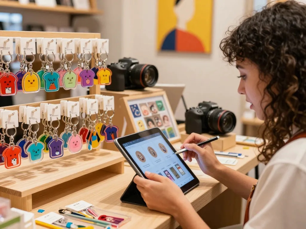 Custom acrylic keychain manufacturer displaying vibrant designs in a retail setting