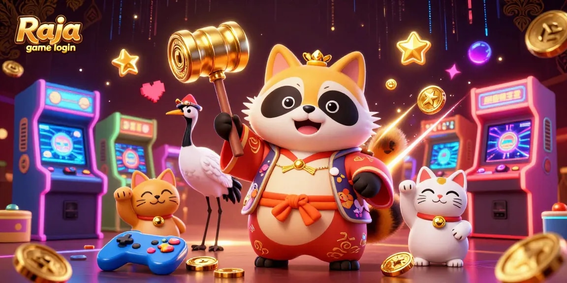 Engage in exciting games with Raja game login, featuring animated characters in a vibrant casino scene.