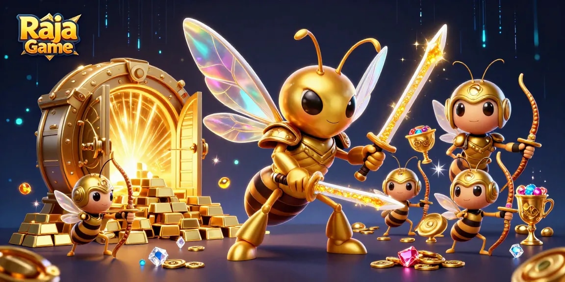 Raja Game engages players with vibrant golden visuals and exciting rewards in this dynamic casino scene.