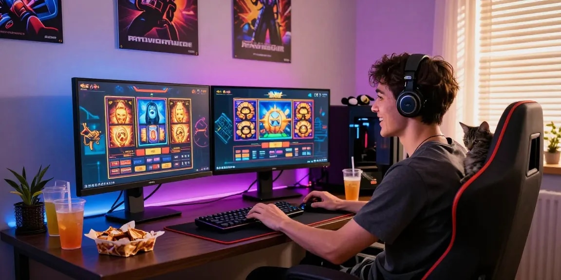 Player enjoying GARUDA303 slot games at home with vibrant gaming setup.