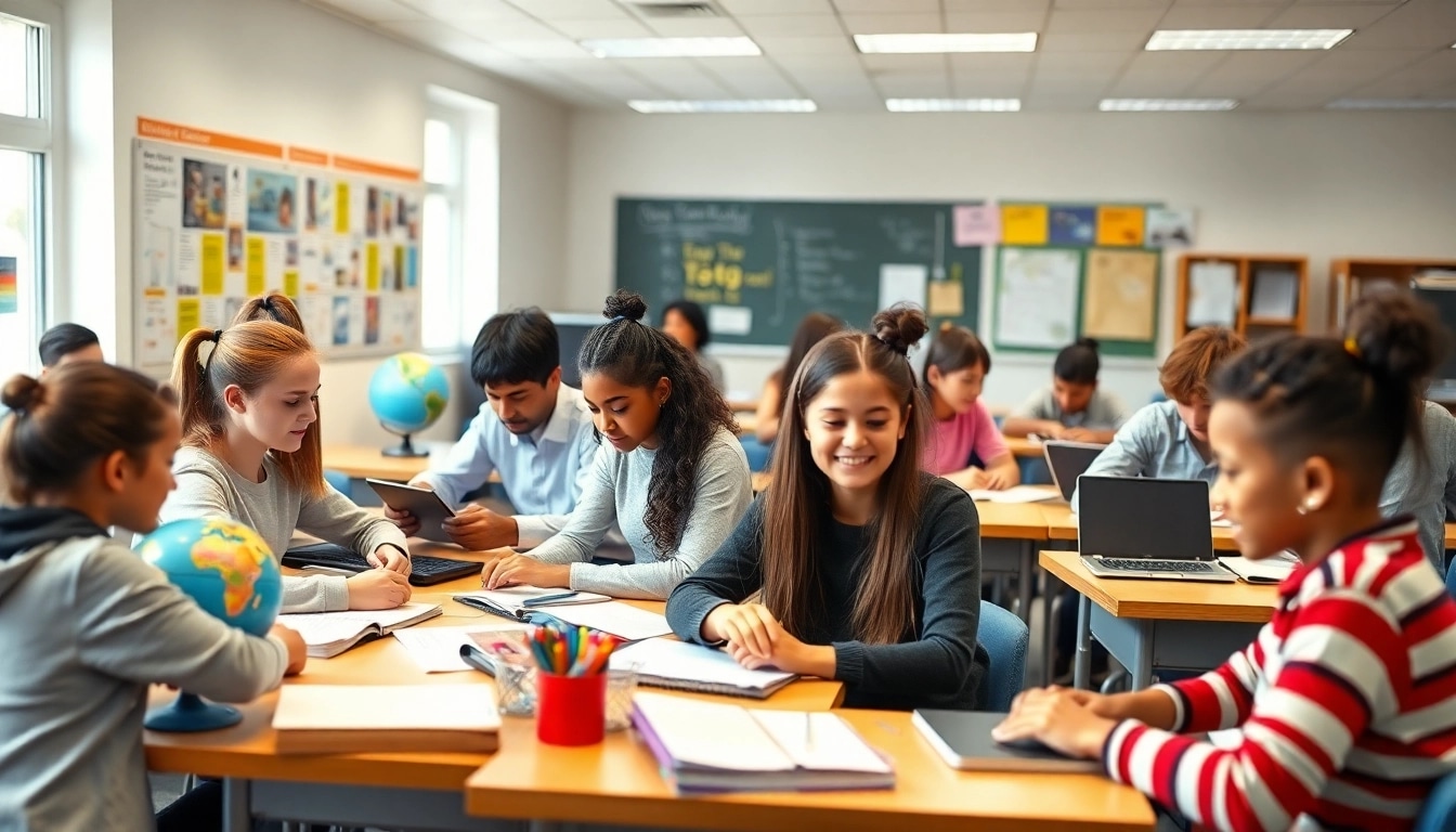 Engaged students learning in a vibrant classroom, promoting Education through collaboration.