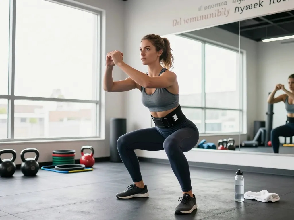 Active woman demonstrating exercises in a hip brace for hypermobility, showcasing fitness and mobility.