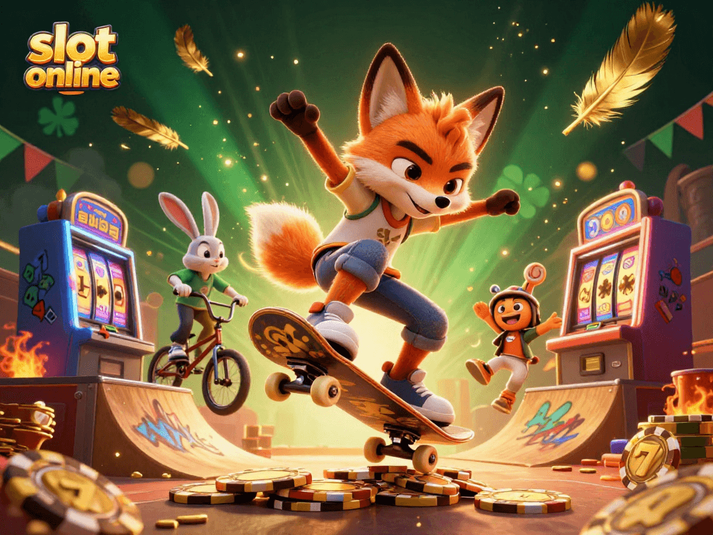 Engage with slot online excitement featuring a lively 3D cartoon fox and rabbit in a dynamic casino setting.