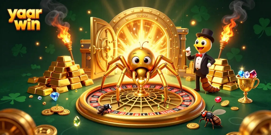 Experience the thrill of yaar win as a fly nervously bets at a roulette wheel web created by a golden spider.