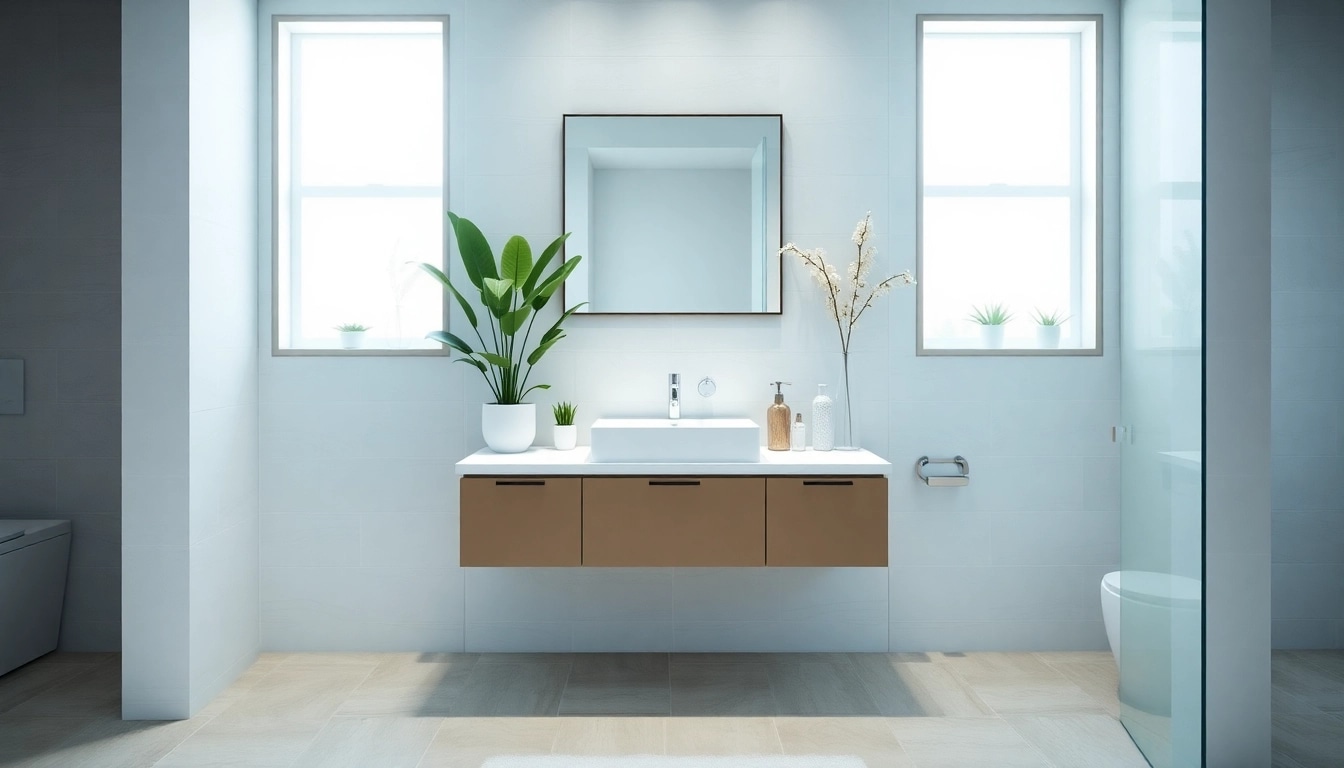 Experience a small bathroom remodel with a modern vanity and natural light.