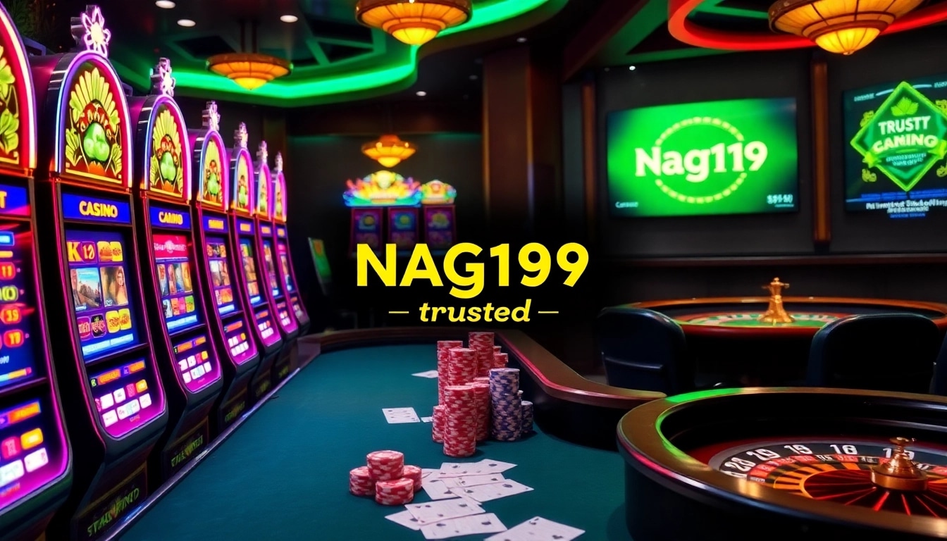 Naga169 terpercaya showcases vibrant slot machines and a lively poker table for an exciting casino experience.