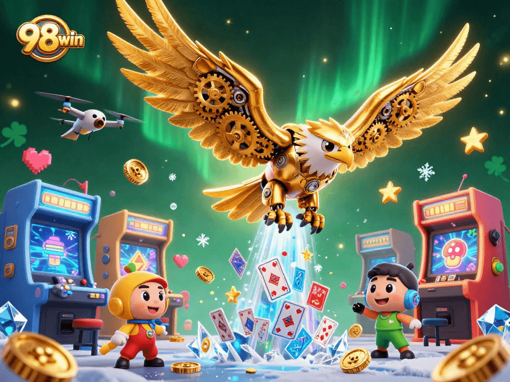 98win showcases a vibrant 3D scene of a cybernetic golden eagle among holographic cards, evoking casino excitement.
