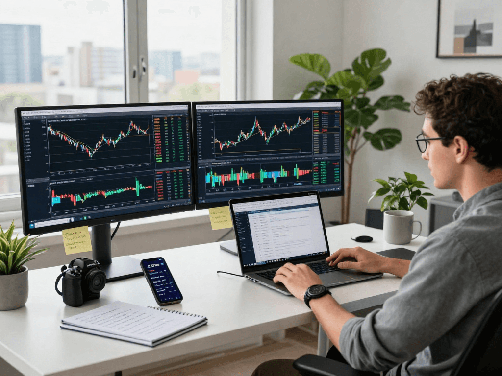 TradingView chart analysis in a professional trading workspace with multiple monitors and an engaging atmosphere.