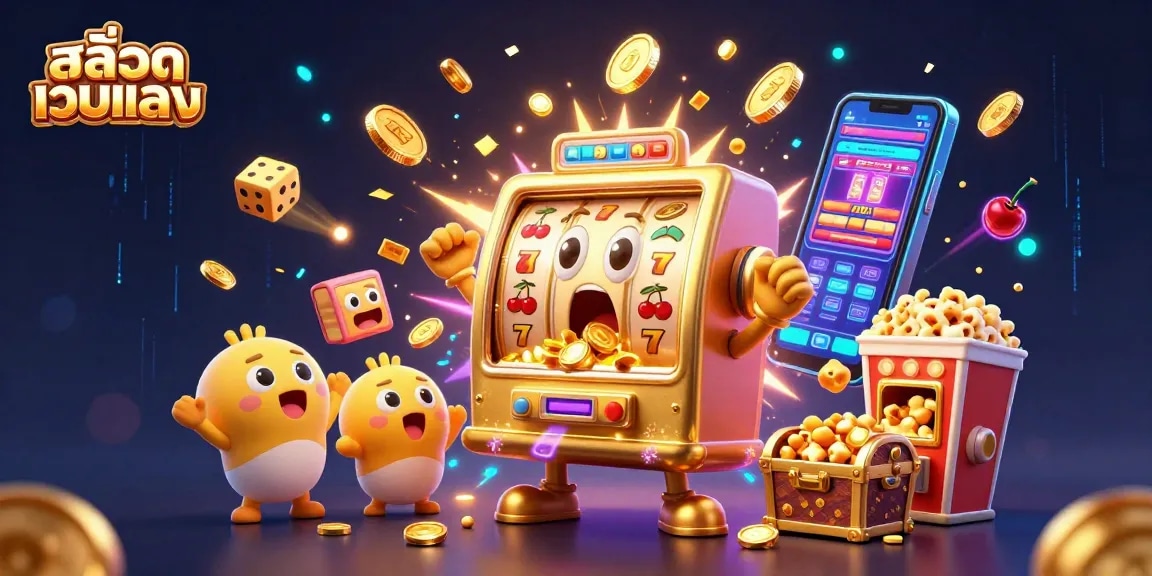 Win big with สล็อตเว็บตรง, a vibrant 3D cartoon scene showcasing jackpot excitement and luxury casino elements.