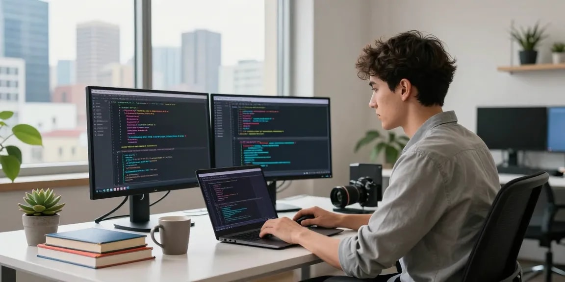 Developer coding in workspace with messaging apps on screens, showcasing telegram中文版.