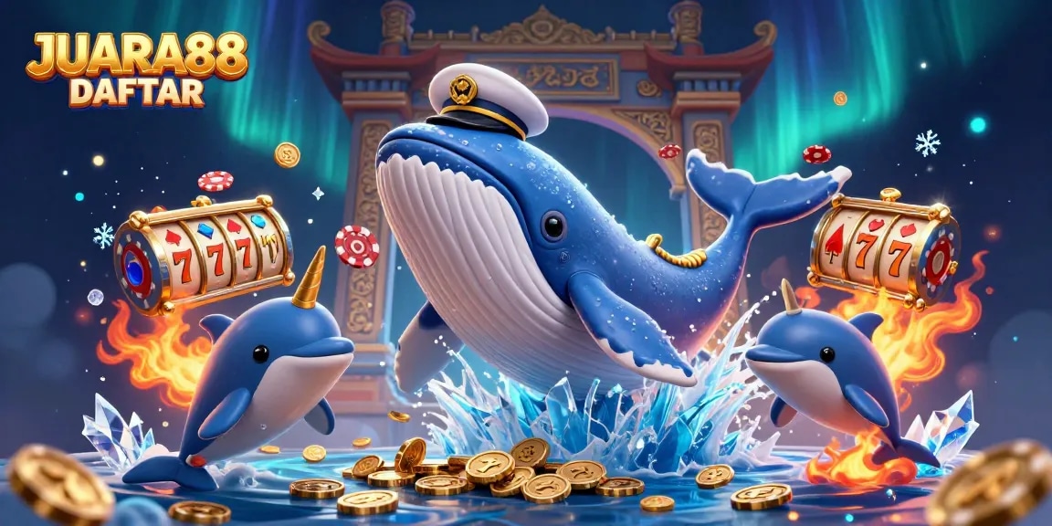 Engage with the thrilling adventure of JUARA88 DAFTAR, featuring a whale character amidst a sea of coins and slot machines.