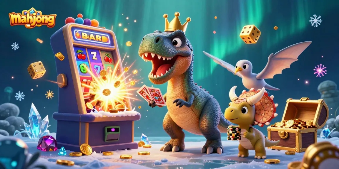 Engage in Mahjong-inspired gameplay with a vibrant scene featuring T-Rex and Triceratops amidst casino elements.