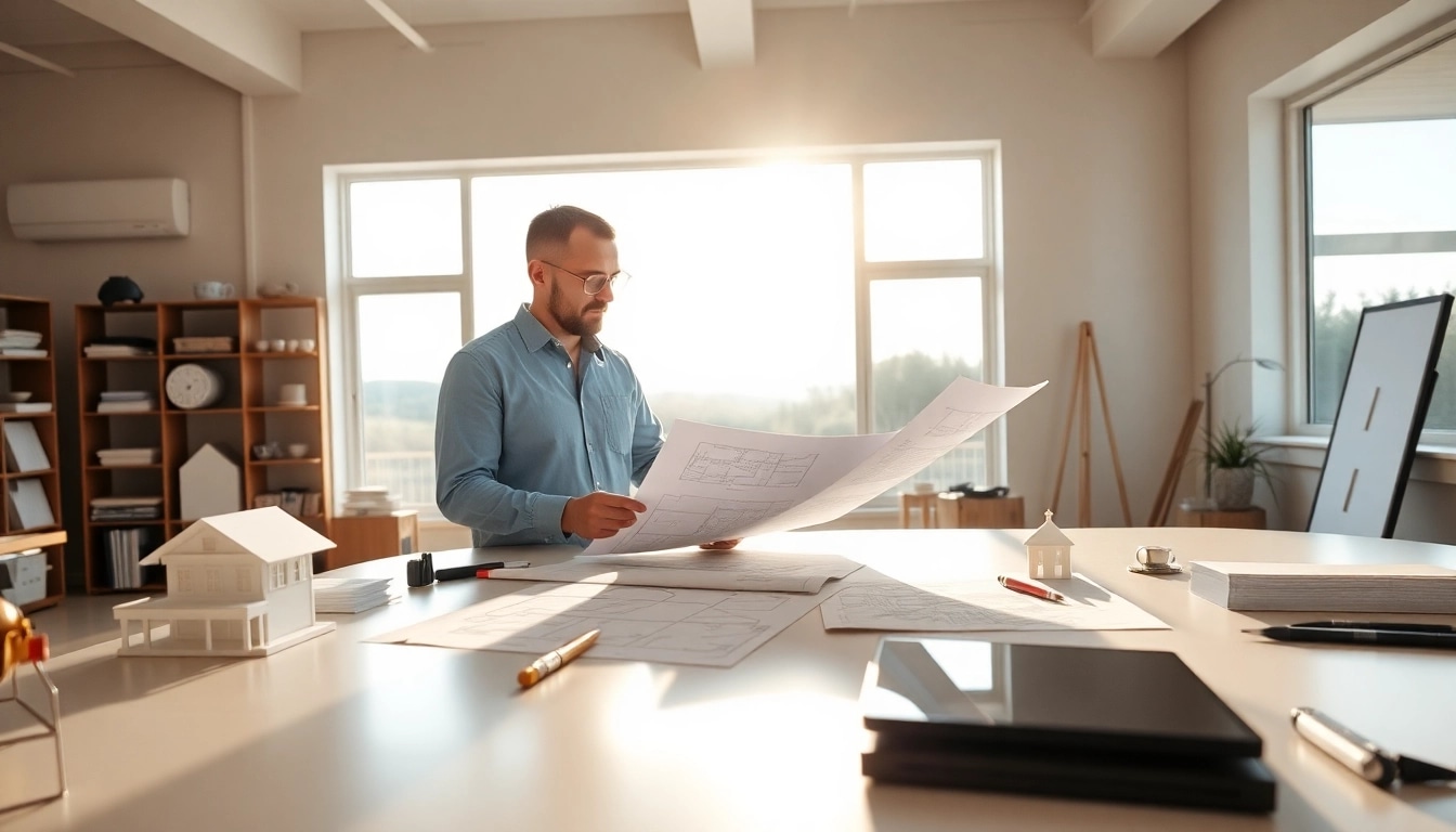 New England residential architect analyzing blueprints in a contemporary design studio.
