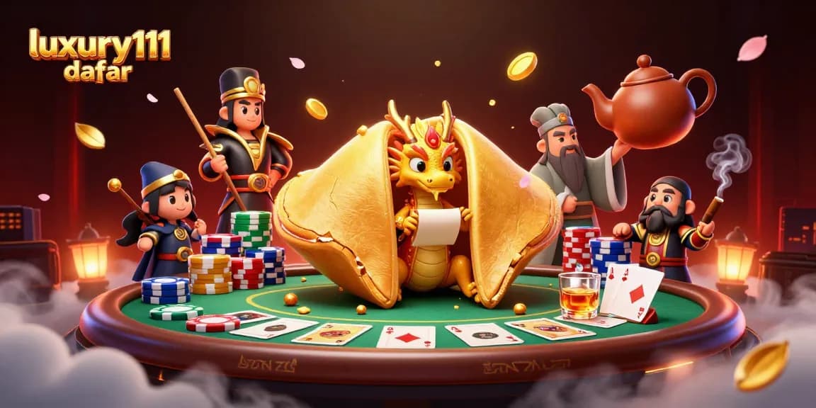 Experience luxury111 daftar with this vibrant 3D scene showcasing a golden fortune cookie and poker elements.