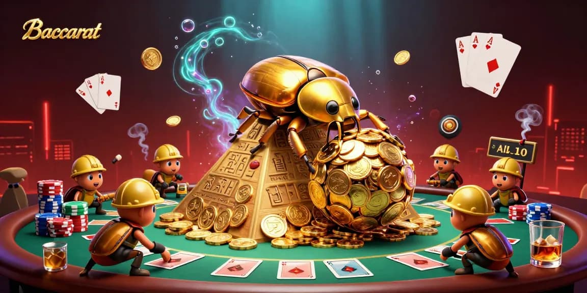 Baccarat beetle game scene with golden coins and poker elements enriching the gaming experience