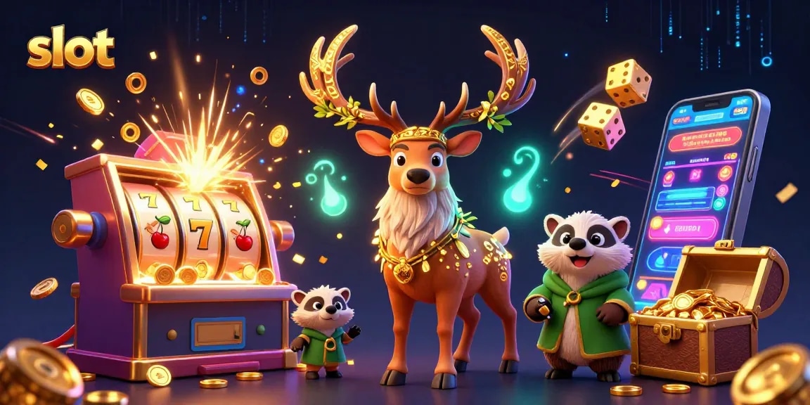 Spin colorful slot machines with a druid stag and wise badger amidst a jackpot explosion.