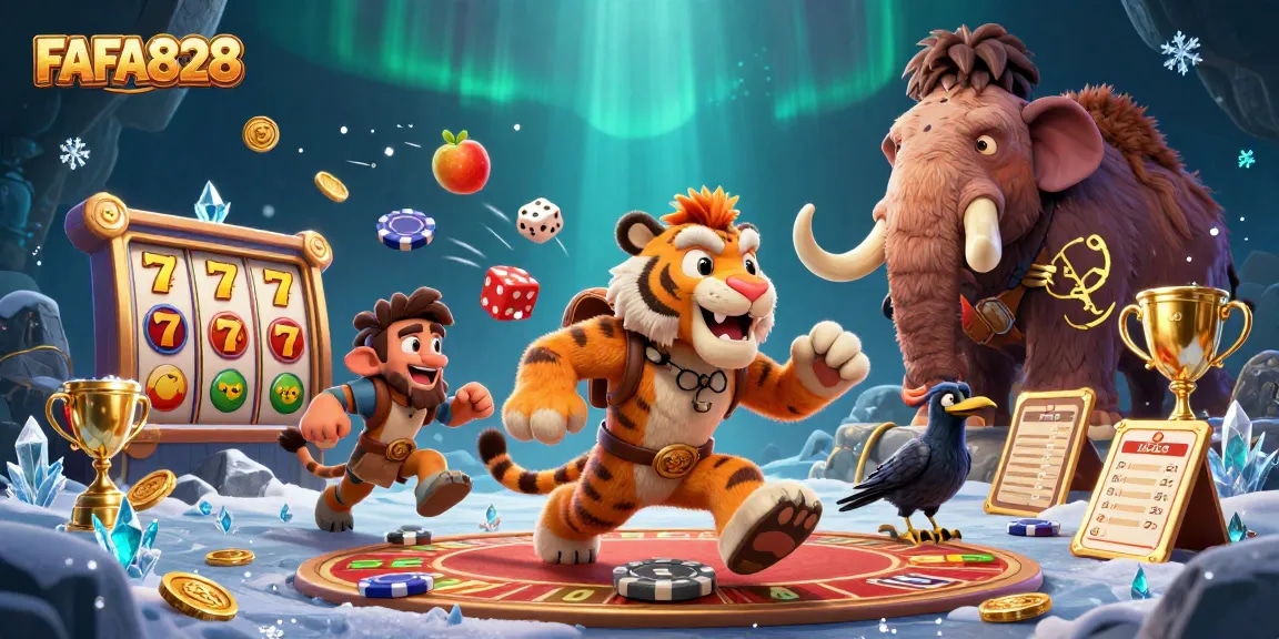 FAFA828 showcases playful prehistoric characters in a lively casino scene filled with dynamic slot reels.