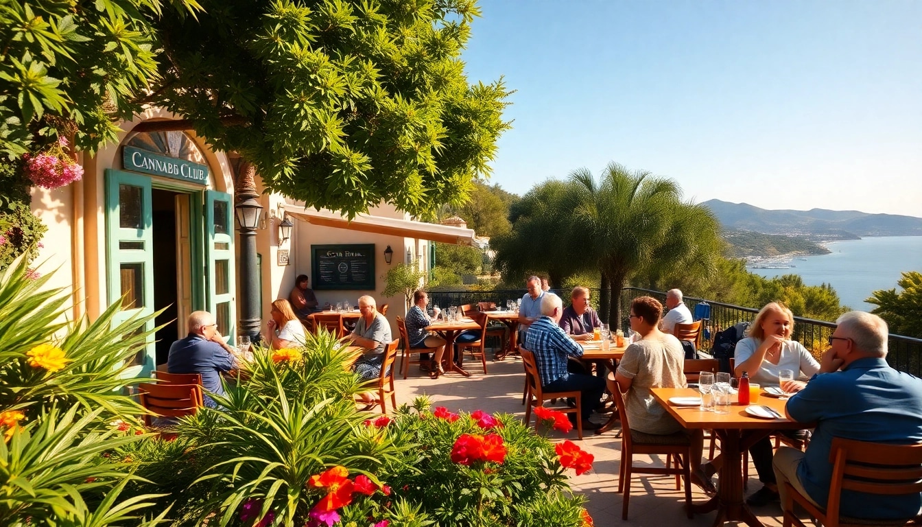 Members celebrating at the Costa Brava Cannabis Club's outdoor space with stunning views.