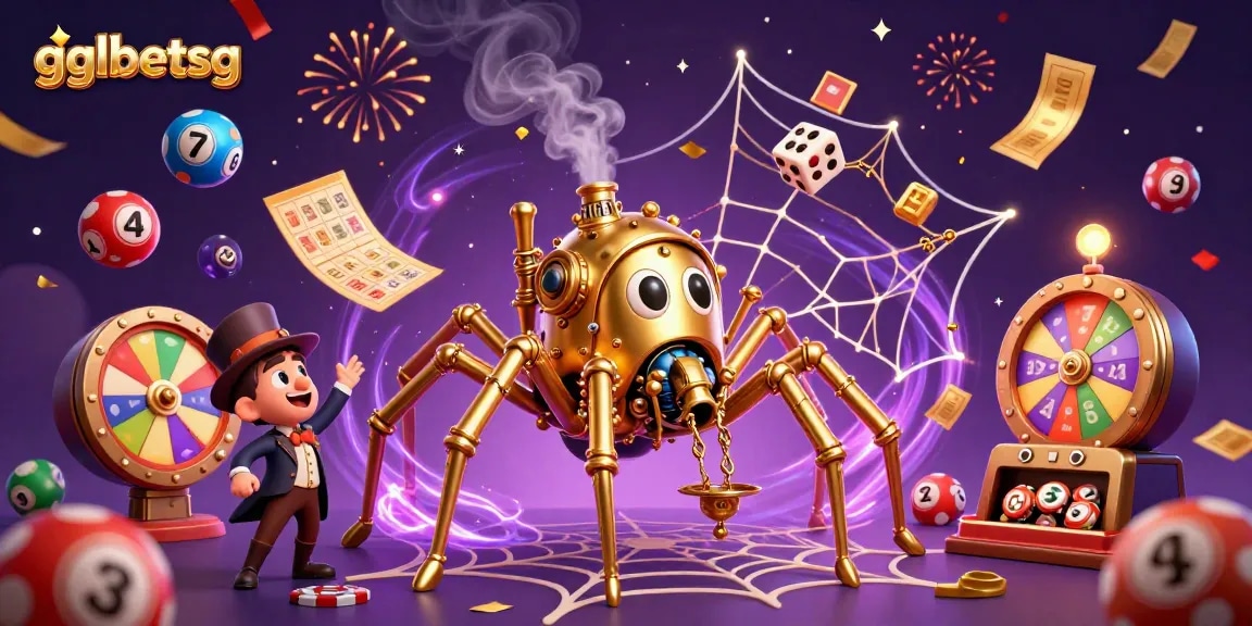 gglbetsg enhances your gaming with a dynamic scene featuring a golden spider and colorful lottery elements.