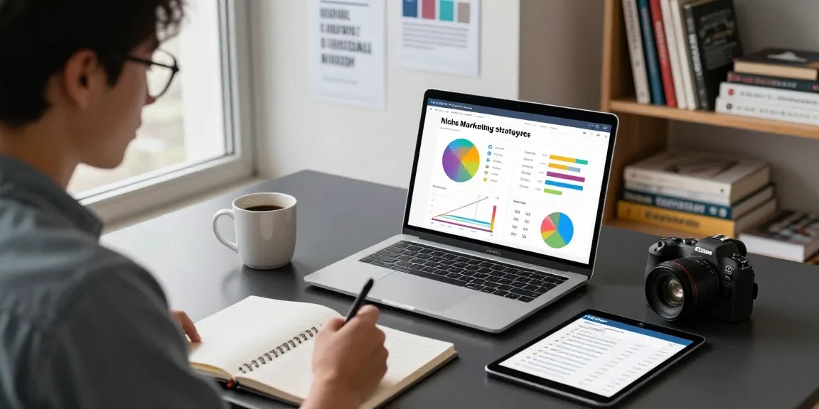 Niche marketing strategy course in a modern online learning environment with a student engaged in taking notes.