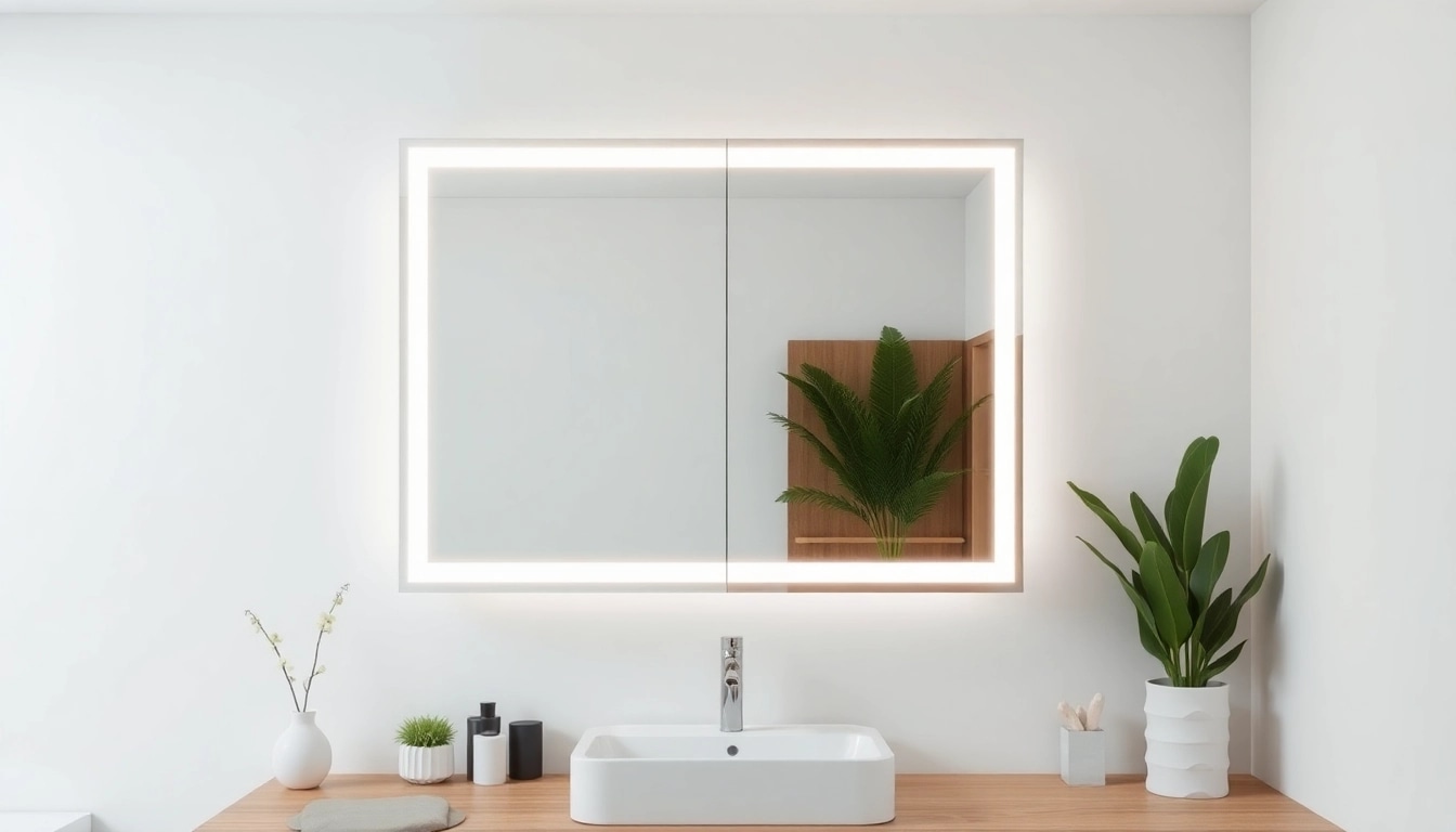 Explore led bathroom mirror Cabinet reflecting light in a beautifully designed modern bathroom.