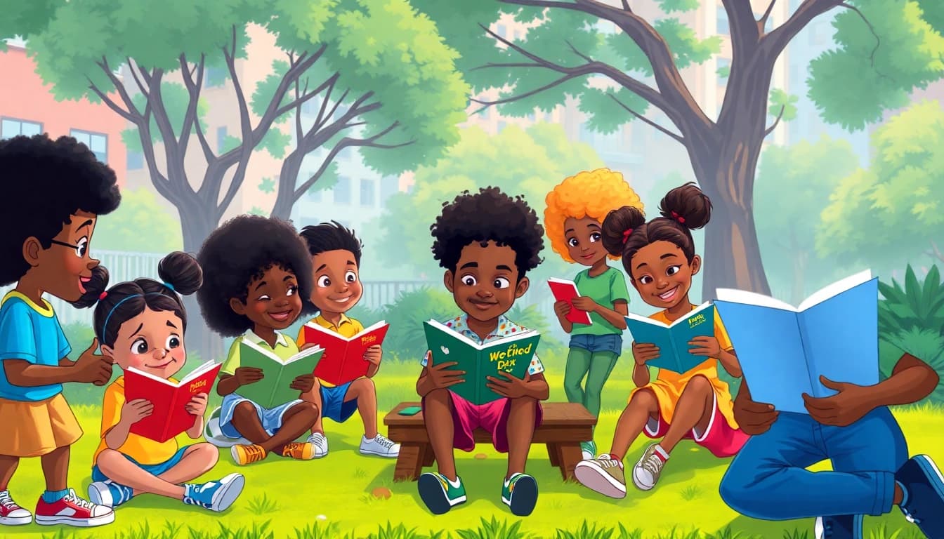 A vibrant scene featuring diverse characters from African American cartoons enjoying a sunny park day.