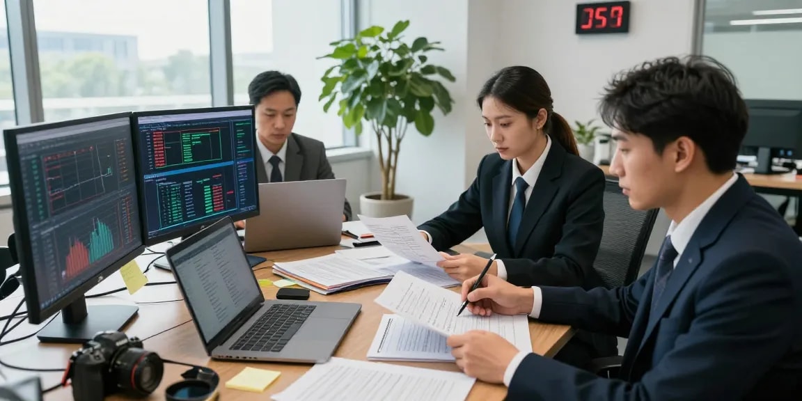 Professionals engaged in asset tracing analysis in a modern financial investigation office.