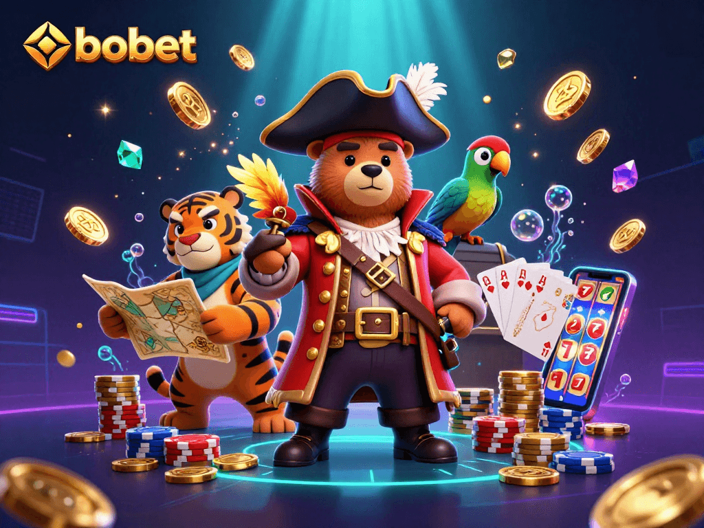 Experience sbobet's thrilling gameplay with a pirate captain bear, exploring treasure amidst sparkling gems.