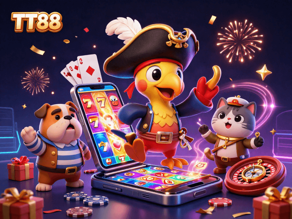 TT88-themed casino adventure with a pirate parrot captain, bulldog, and ship's cat among vibrant gaming elements.
