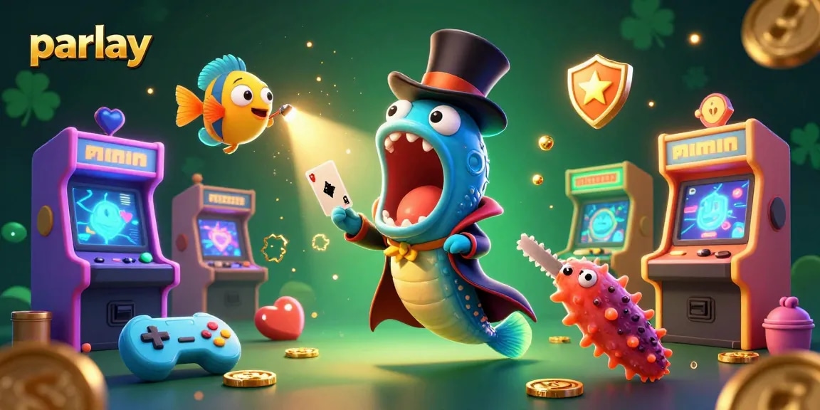 Experience parlay betting with cartoon sea creatures performing magic tricks around vibrant casino elements.