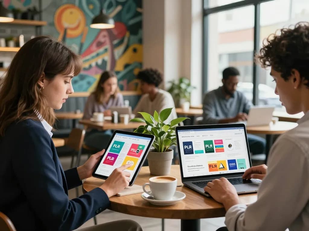Buy Private Label Rights Products in a vibrant digital marketplace scene with diverse individuals exploring eBooks and templates.