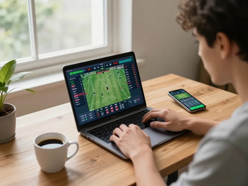 Engaging sports betting at home with 888top app on smartphone and laptop, showcasing real-time strategies