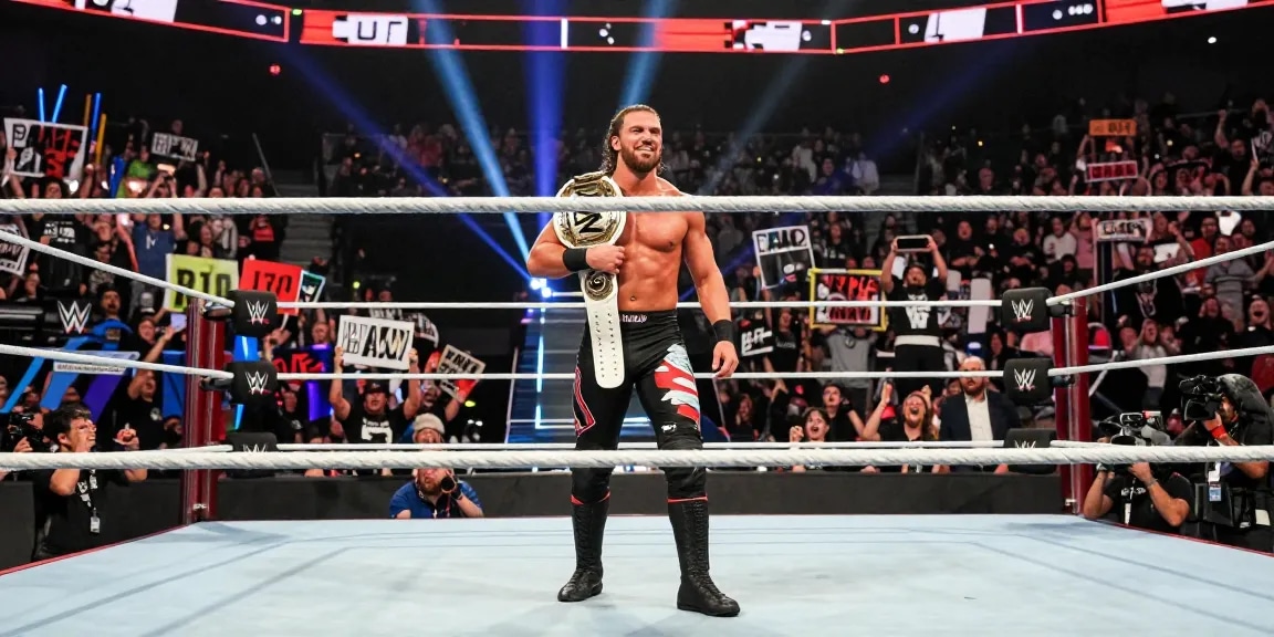 MJF dominating the wrestling ring at a WWE event, showcasing his charisma and the AEW Championship belt.