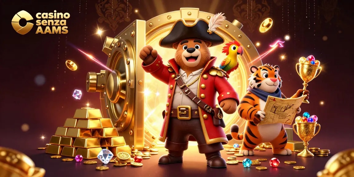 Gioca a giochi emozionanti nei casino senza AAMS con elementi di orso pirata in cartone animato, tigre e tesoro.